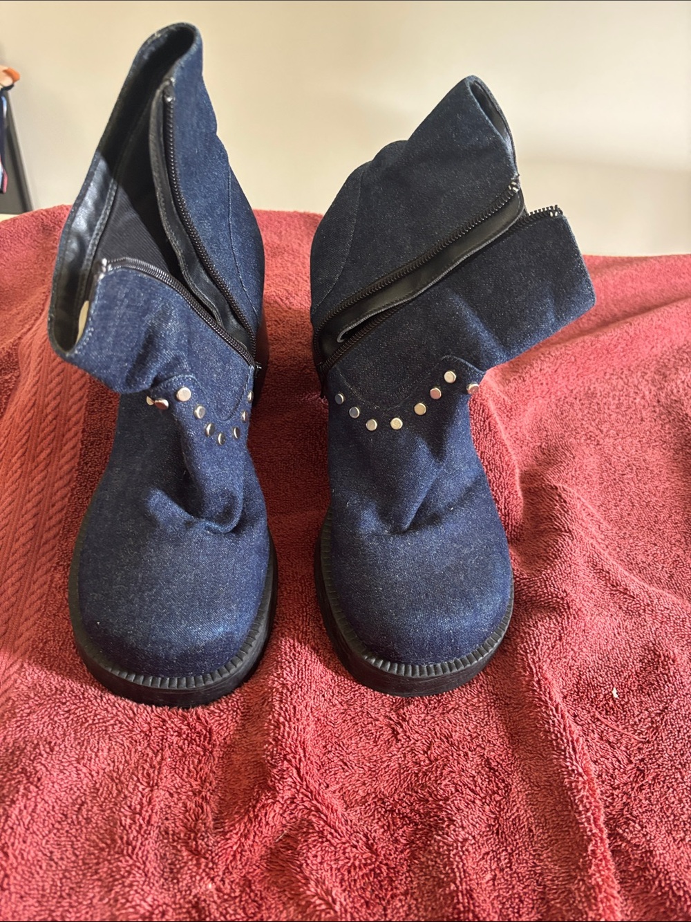 LOWER EAST SIDE Dark Blue Denim Platform Ankle Boots with Silver Studs